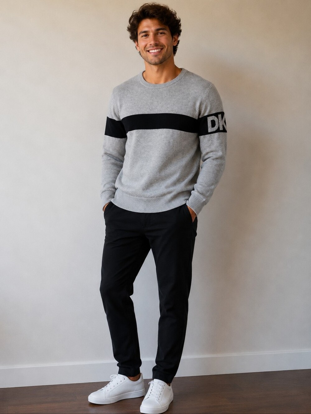 DKNY Light Gray Crewneck Sweater with Black Chest Stripe